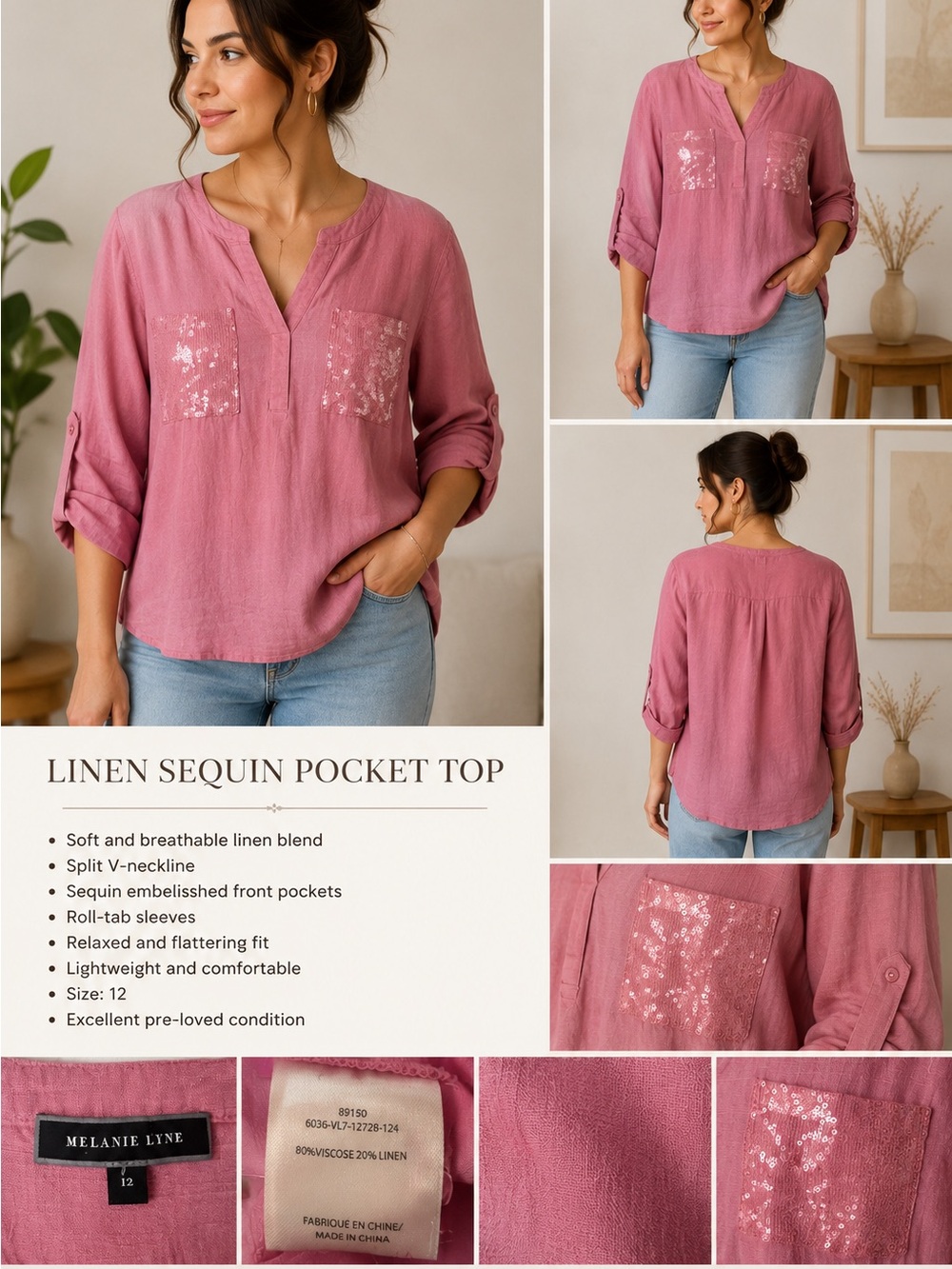 Pink Linen Sequin Pocket Top - Picture 1 of 5